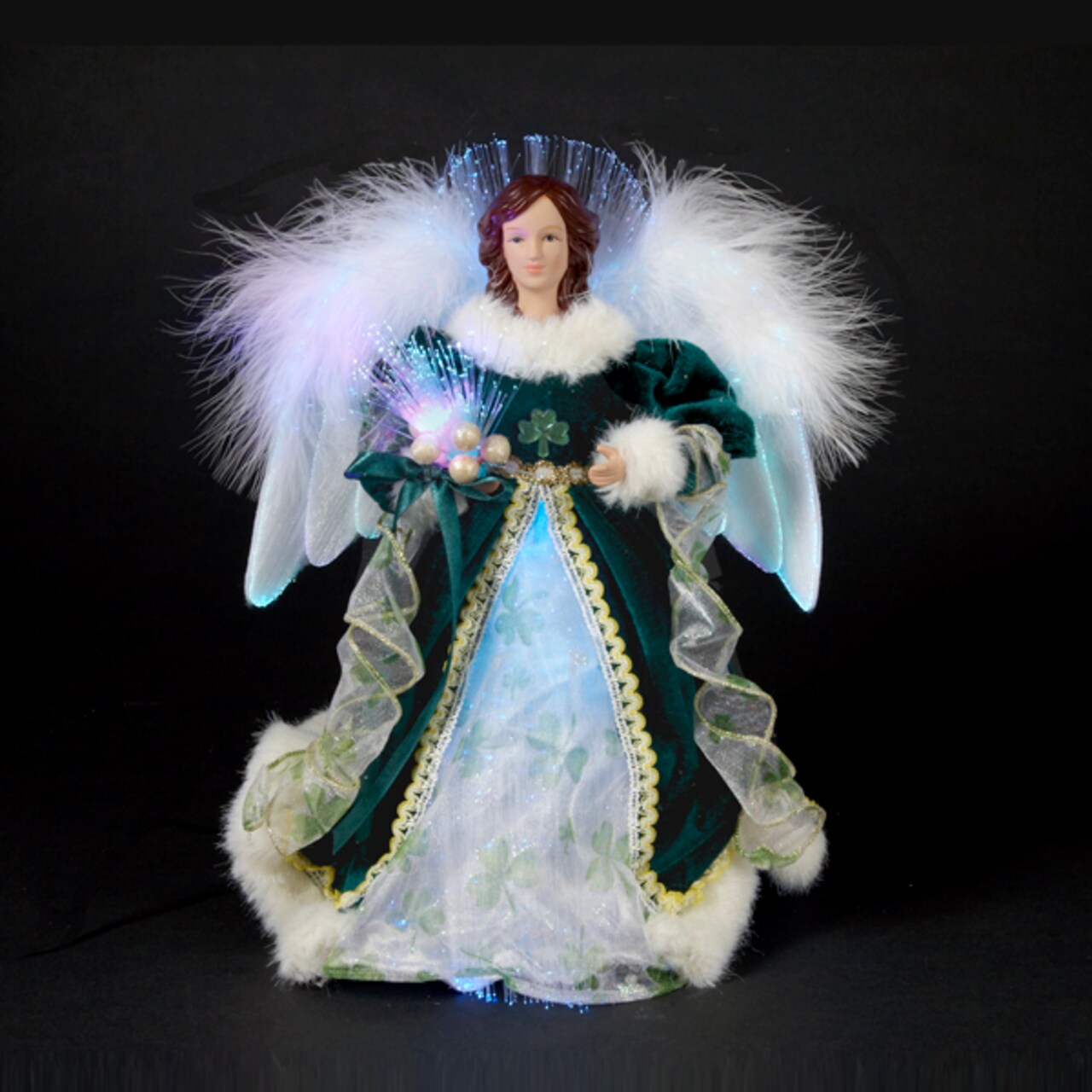 KSA 12" Luck of the Irish Fiber Optic Angel in Shamrock Dress Christmas Tree Topper